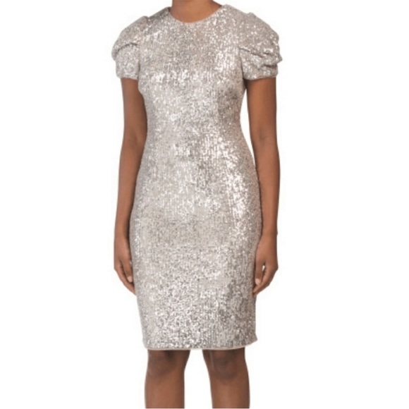 ADRIANNA PAPELL SEQUIN SILVER EVENING SHEATH DRESS SIZE 10P - Picture 1 of 10